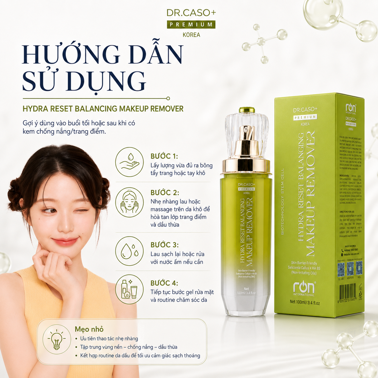RON DR.CASO+ PREMIUM HYDRA RESET BALANCING MAKEUP REMOVER/Tẩy Trang Đa Tầng Hydra Reset – Hỗ Trợ Cân Bằng Và Củng Cố Hàng Rào Da